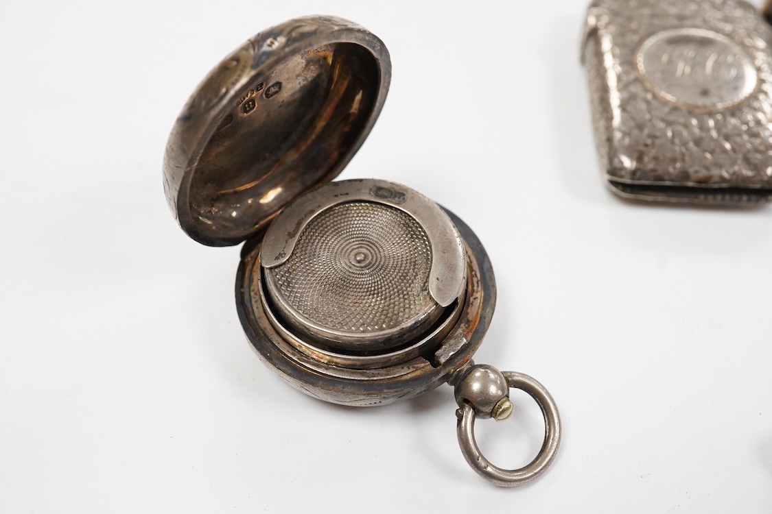 Small silver including a pair of Victorian provincial fiddle pattern sauce ladles, Robert Williams & Sons, Exeter, 1845, 16.6cm, a Victorian card case by Hilliard & Thomasson, two vesta cases, a sovereign case, a 1970's